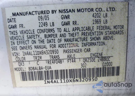 2006 Nissan Altima 2.5 S из США, поврежденный, VIN 1N4AL11DX6N320950